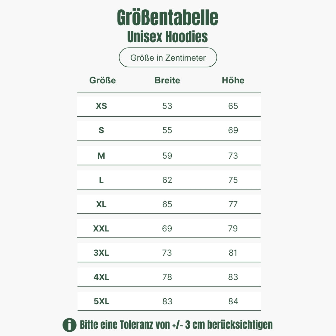 Größentabelle Hoodies Herren Damen Unisex - Eule in Brusttasche - Odenwald mit Stil