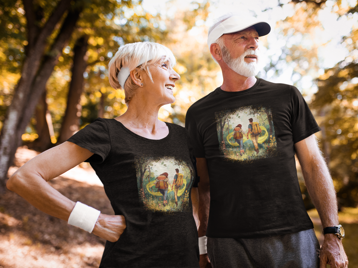 Hier sehen Sie ein wanderndes Paar mit Wanderliebe T-Shirt für Damen und Herren aus unserem T-Shirt Bundle Set aus unserem Odenwald mit Stil Onlineshop.