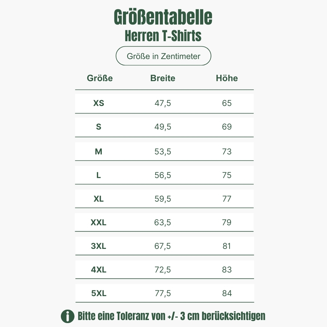 Hier sehen Sie eine Größentabelle für unsere Herren T-Shirts aus unserem Odenwald mit Stil Onlineshop