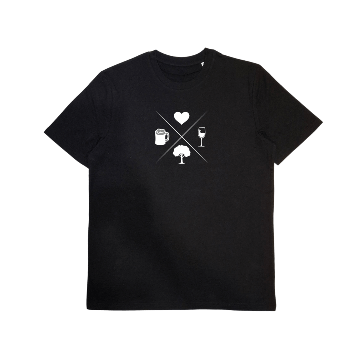 Herren Bio-T-Shirt mit Symbolen Herz, Wein, Buche, Bier – Odenwald mit Stil, Frontansicht.