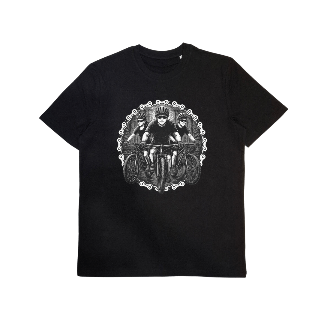 Bio-Baumwoll T-Shirt mit Mountainbike-Motiv im Kettenring-Stil – Odenwald mit Stil, Frontansicht.