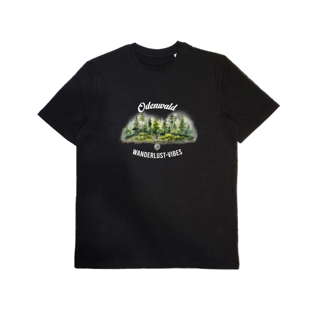 Herren T-Shirt aus Bio-Baumwolle mit Odenwald Motiv „Wanderlust-Vibes“ – Odenwald mit Stil, Frontansicht.