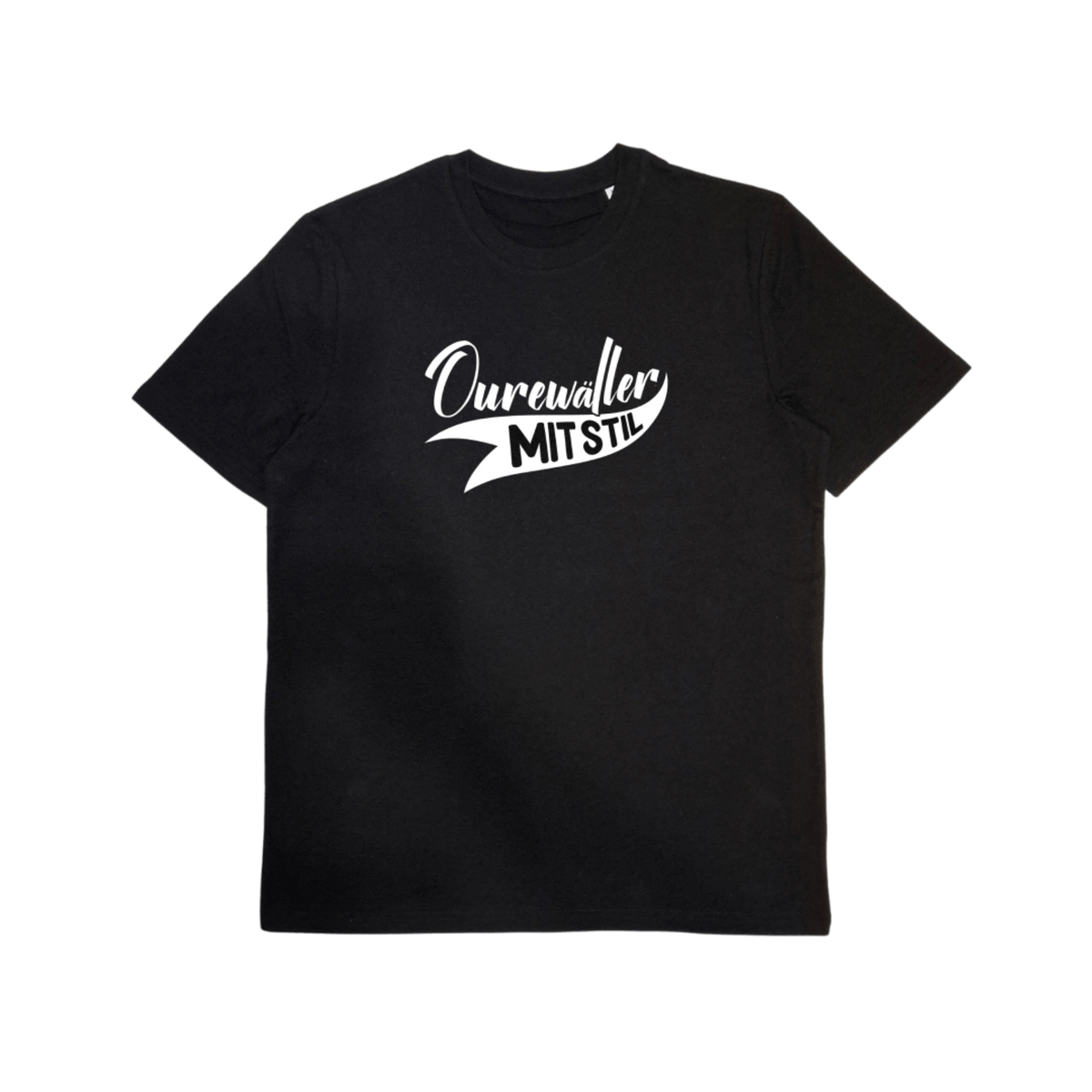 Bio-Baumwoll T-Shirt mit Dialekt-Motiv „Ourewäller mit Stil“ – Odenwald mit Stil, Frontansicht.