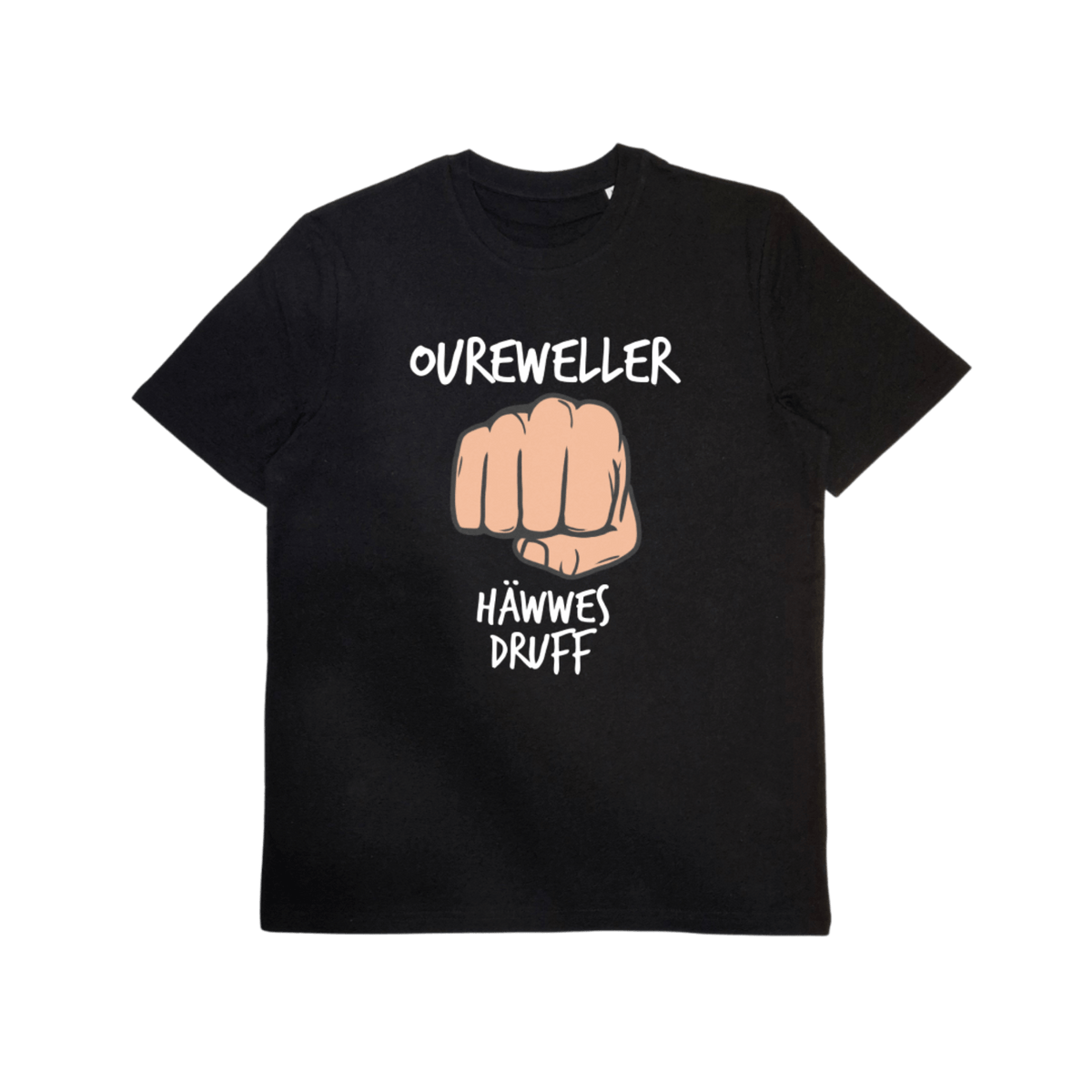 Bio-Baumwoll T-Shirt mit Dialekt-Motiv „Oureweller häwwes druff“ – Odenwald mit Stil, Frontansicht.