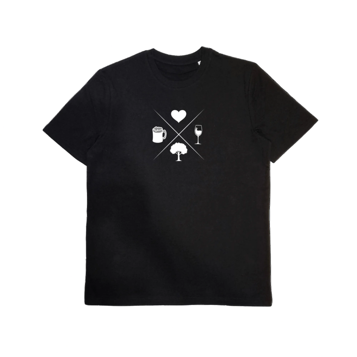 Unisex Bio-T-Shirt mit Symbolen Herz, Wein, Buche, Bier – Odenwald mit Stil, Frontansicht.