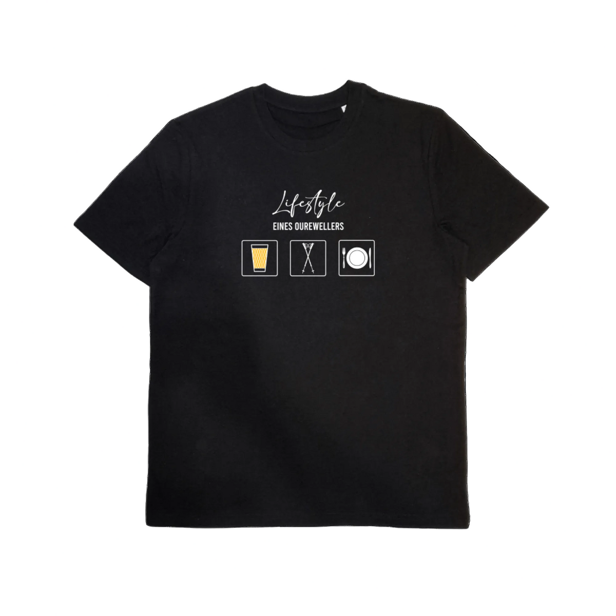 Unisex Bio-T-Shirt mit Motiv „Lifestyle eines Ourewellers“ – Odenwald mit Stil, Frontansicht.