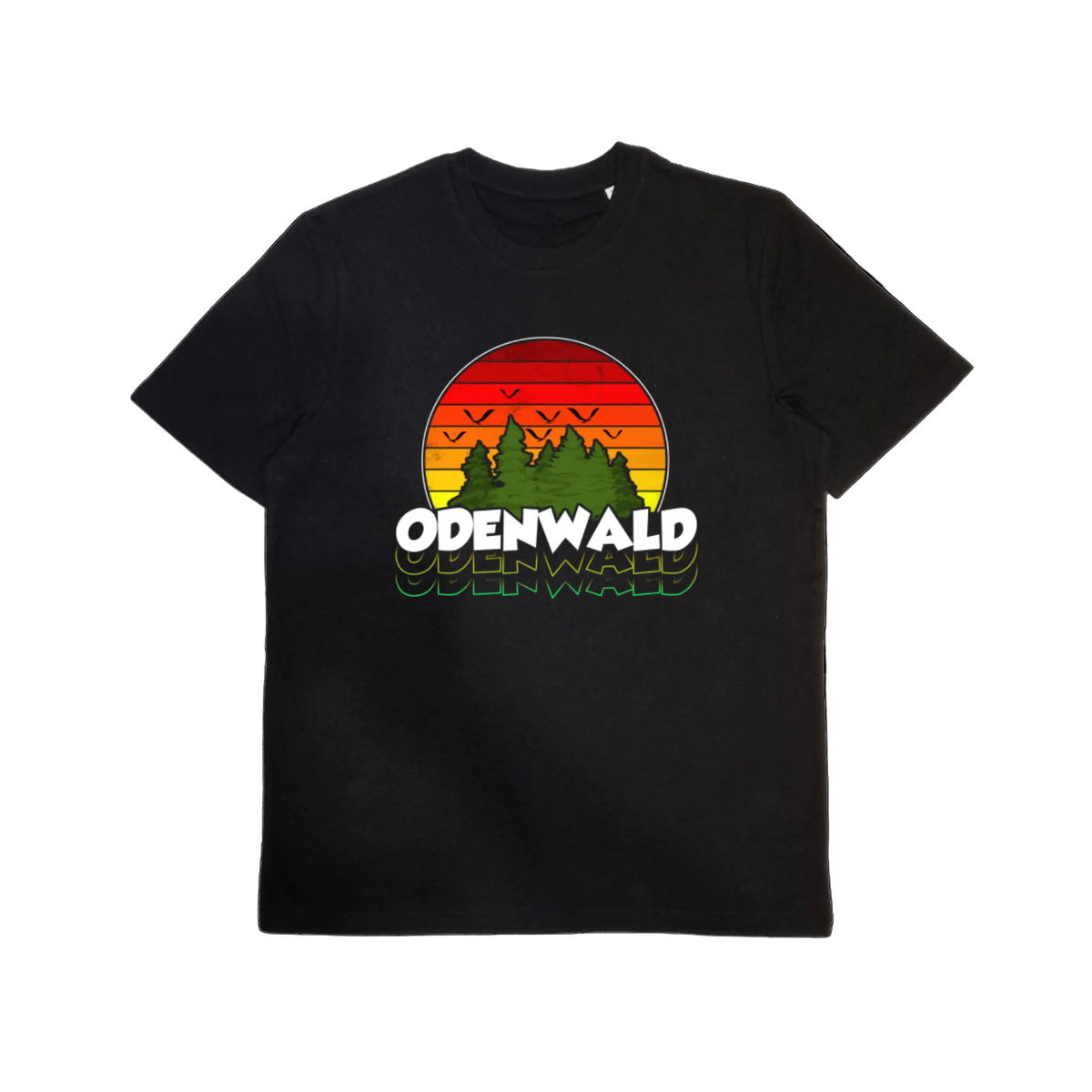 Unisex T-Shirt aus Bio-Baumwolle im Odenwald Retro Sunset Stil – Odenwald mit Stil, Frontansicht.