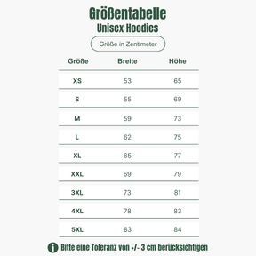 Hier sehen Sie eine Größentabelle für unsere Unisex Hoodies aus unserem Odenwald mit Stil Onlineshop