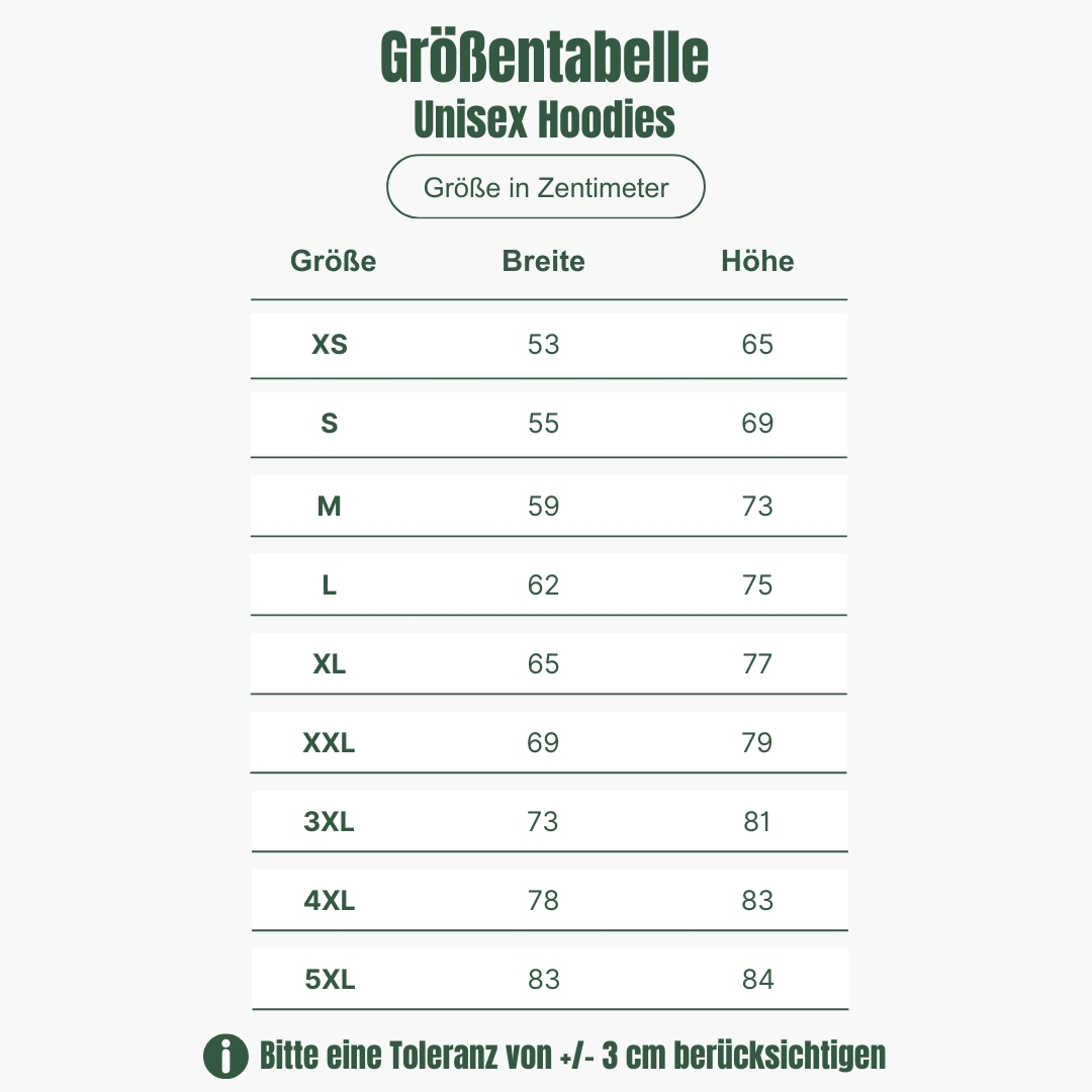 Hier sehen Sie eine Größentabelle für unsere Unisex Hoodies aus unserem Odenwald mit Stil Onlineshop