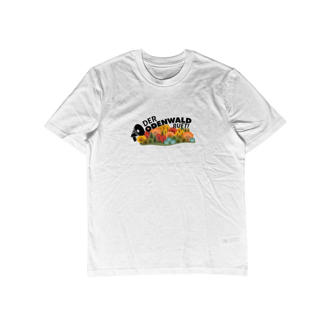 Weißes Herren T-Shirt mit Der Odenwald ruft Motiv als Produktfoto.