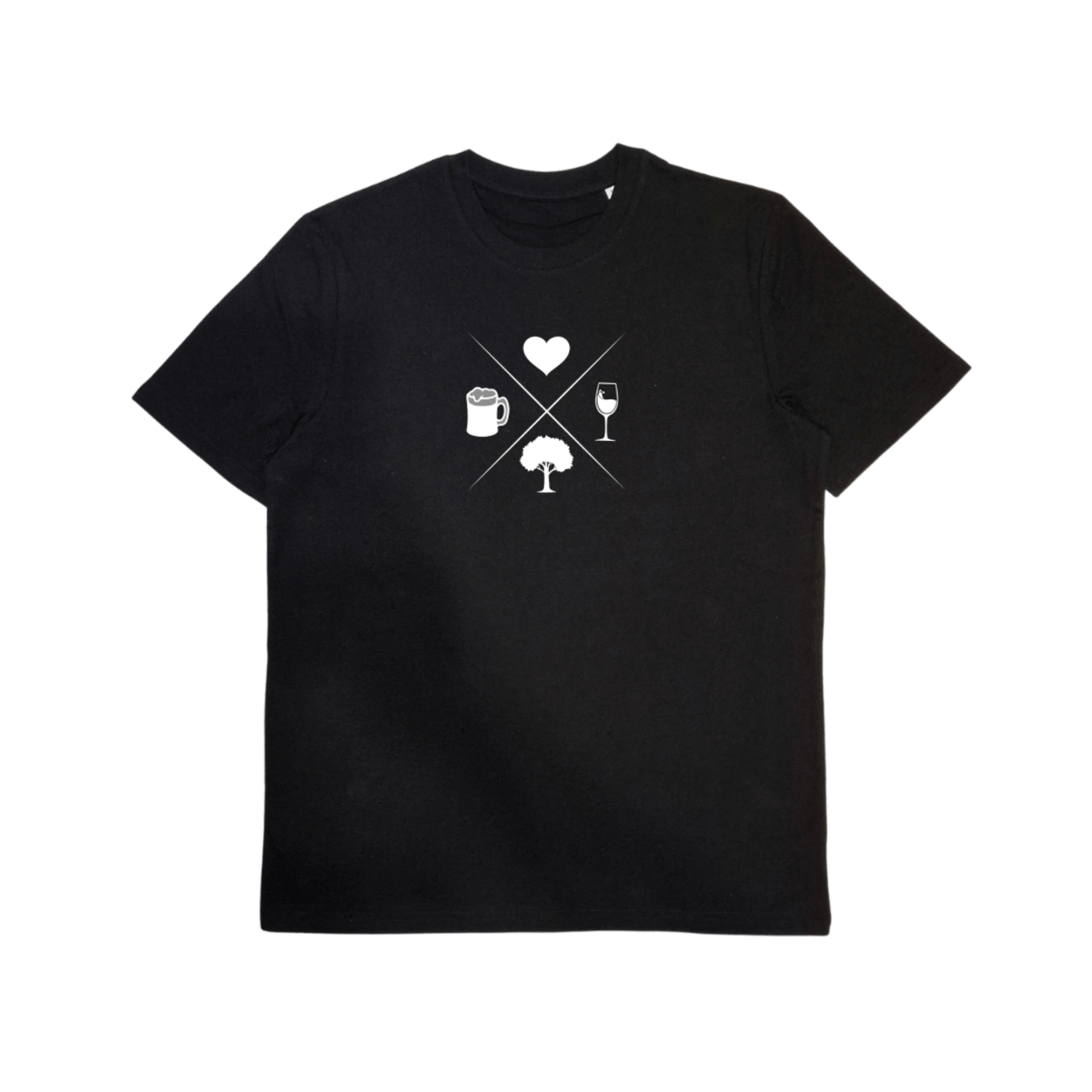 Herren Bio-T-Shirt mit Symbolen Herz, Wein, Buche, Bier – Odenwald mit Stil, Frontansicht.