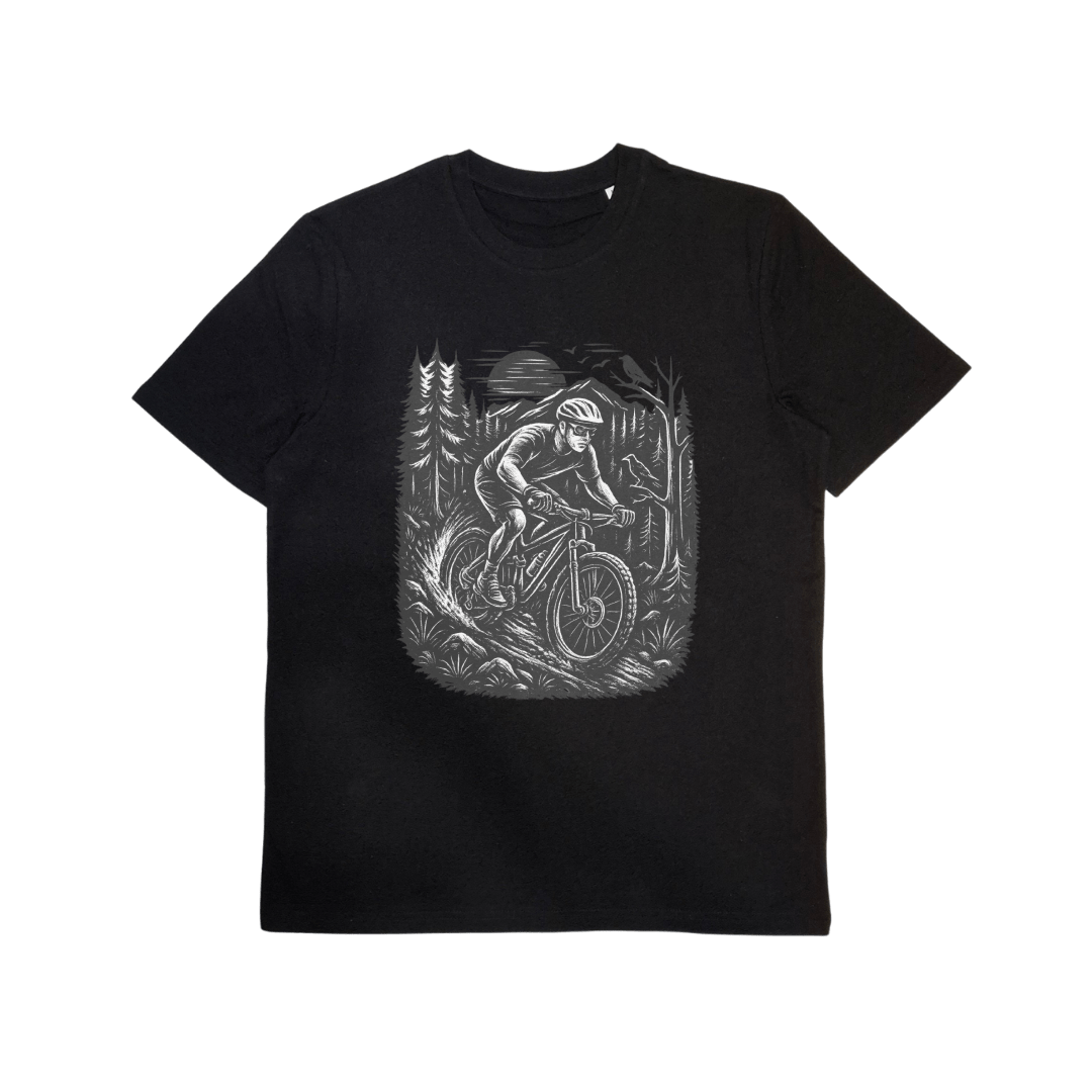 Bio-Baumwoll T-Shirt mit Mountainbike-Motiv „auf Trail“ – Odenwald mit Stil, Frontansicht.