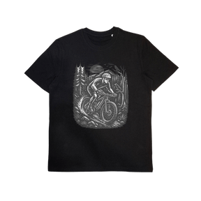 Bio-Baumwoll T-Shirt mit Mountainbike-Motiv „auf Trail“ – Odenwald mit Stil, Frontansicht.
