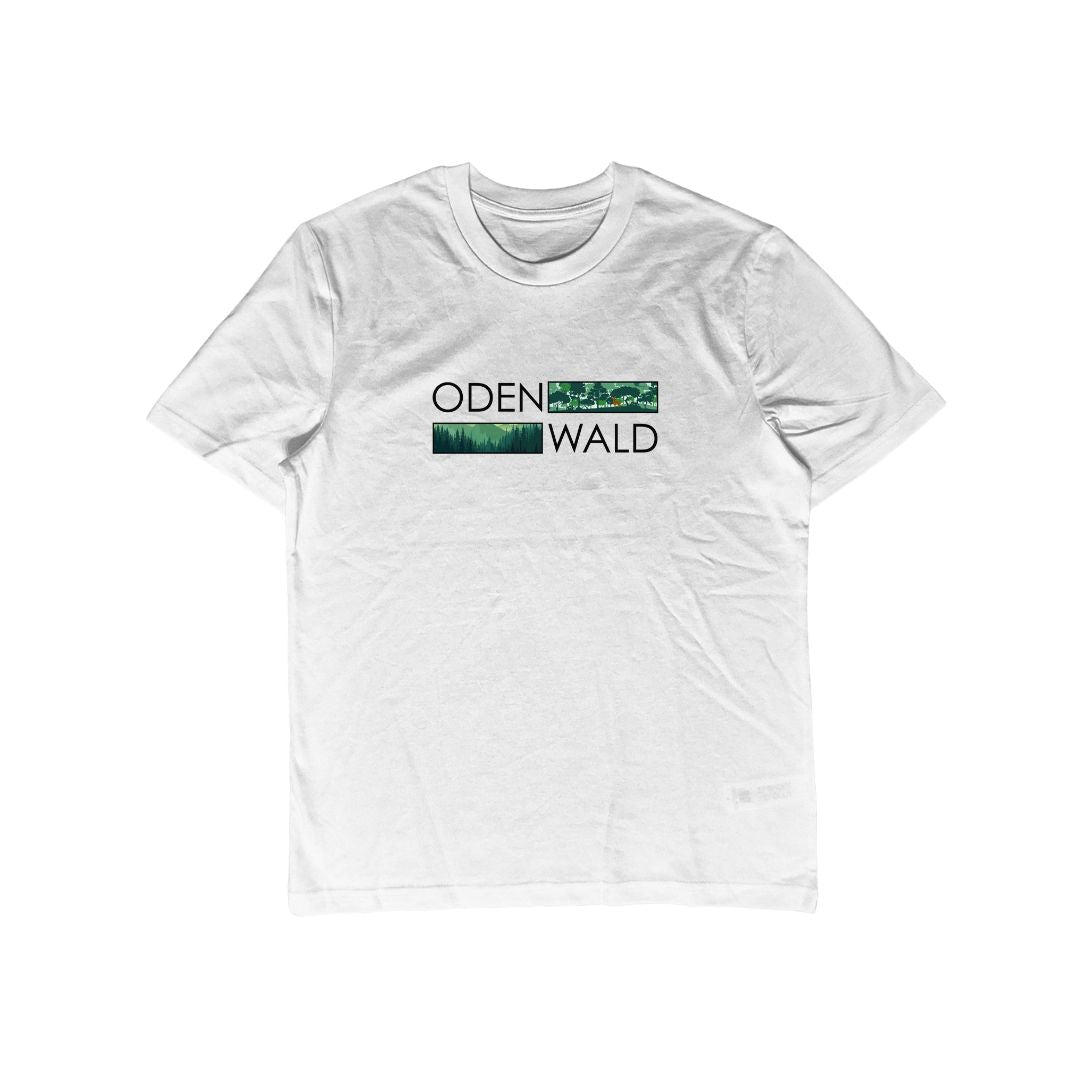 Weißes Herren T-Shirt mit Odenwald mit rechteckigen Motiven als Produktfoto.