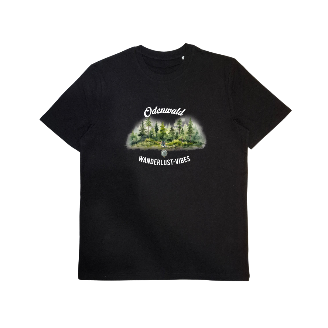 Herren T-Shirt aus Bio-Baumwolle mit Odenwald Motiv „Wanderlust-Vibes“ – Odenwald mit Stil, Frontansicht.
