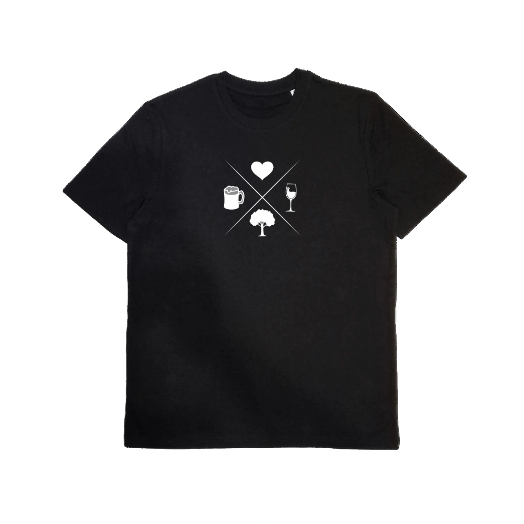 Unisex Bio-T-Shirt mit Symbolen Herz, Wein, Buche, Bier – Odenwald mit Stil, Frontansicht.