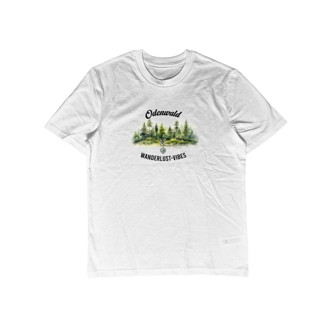 Weißes Unisex T-Shirt mit Odenwald Wanderlust-Vibes Motiv als Produktfoto.