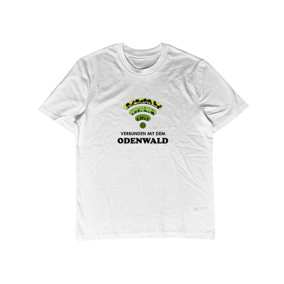 Weißes Unisex T-Shirt mit Verbunden mit dem Odenwald Motiv als Produktfoto.
